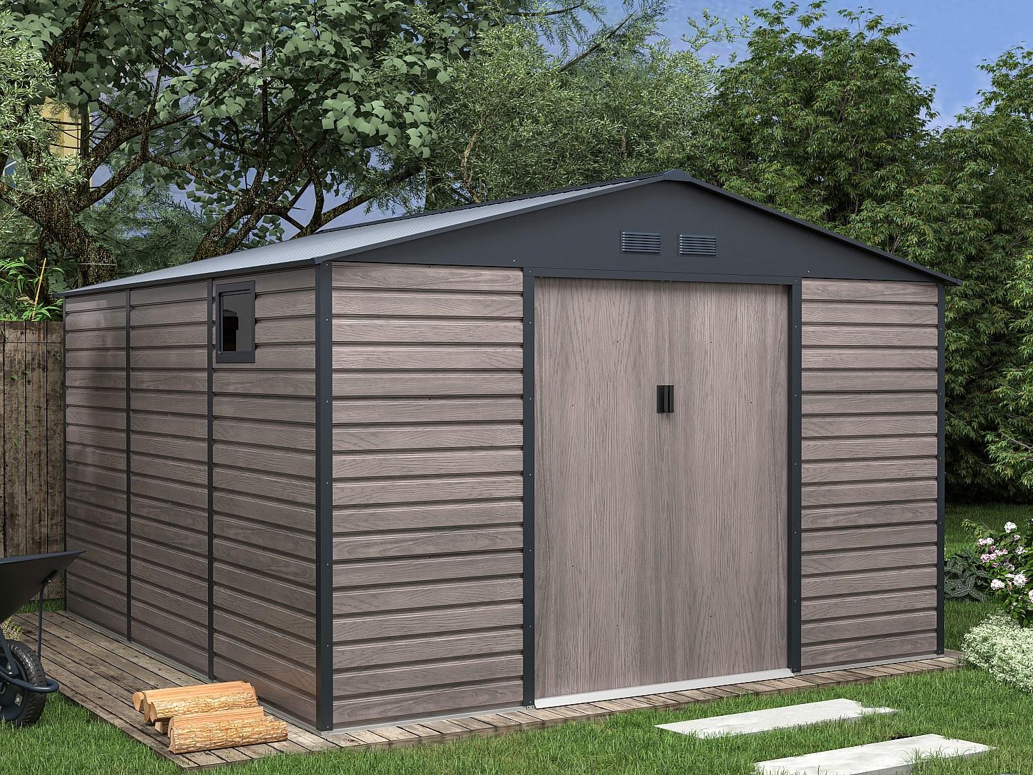 Metall-Gartenhaus aus verzinktem Stahl in Holzimitation grau 13,12 m² ADELMO