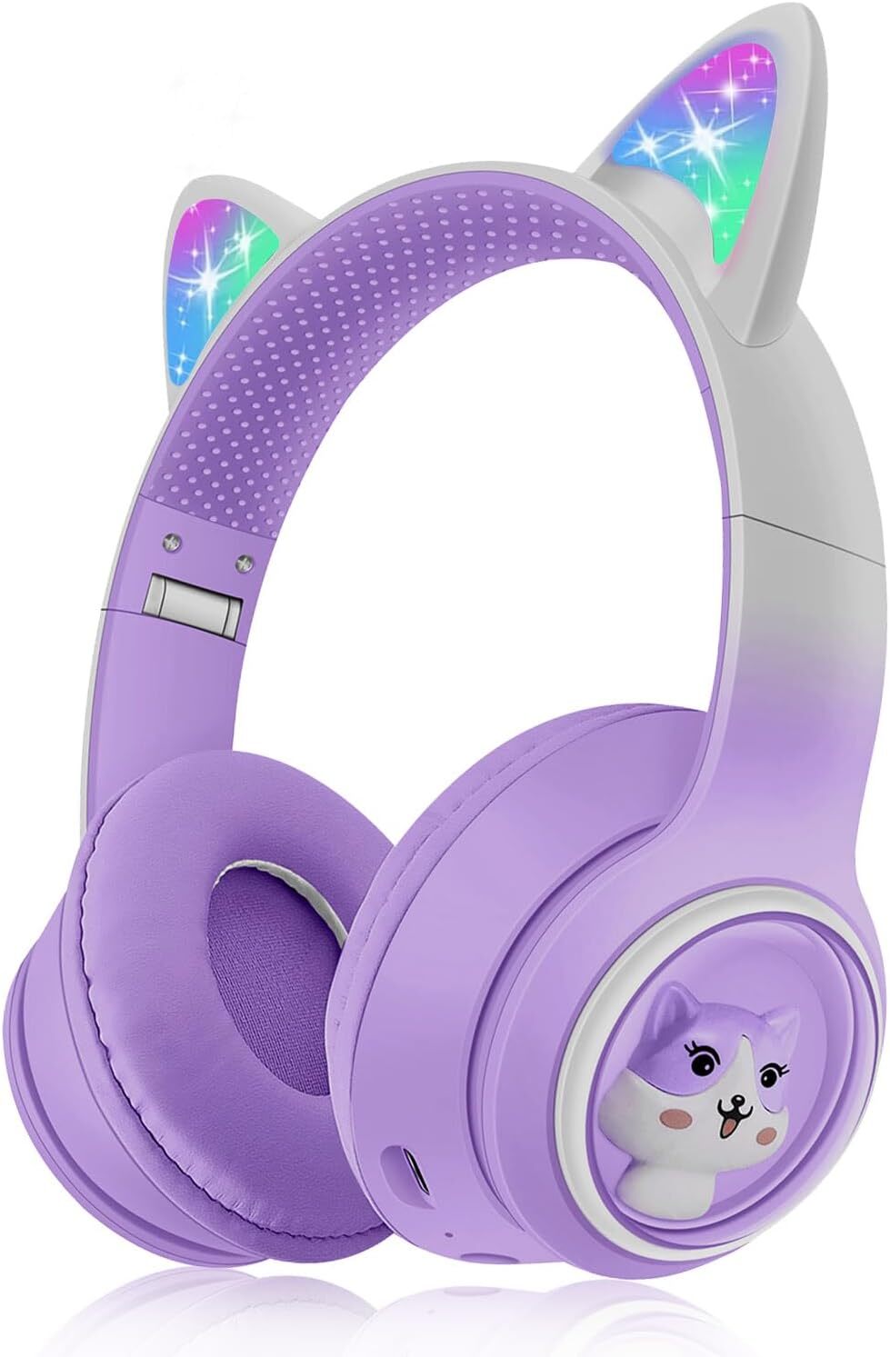 Bluetooth slúchadlá pre deti, skladacie 85dB dievčenské slúchadlá cez uši, bezdrôtové detské slúchadlá s LED svetlom Cat Ears a mikrofónom (fialové)