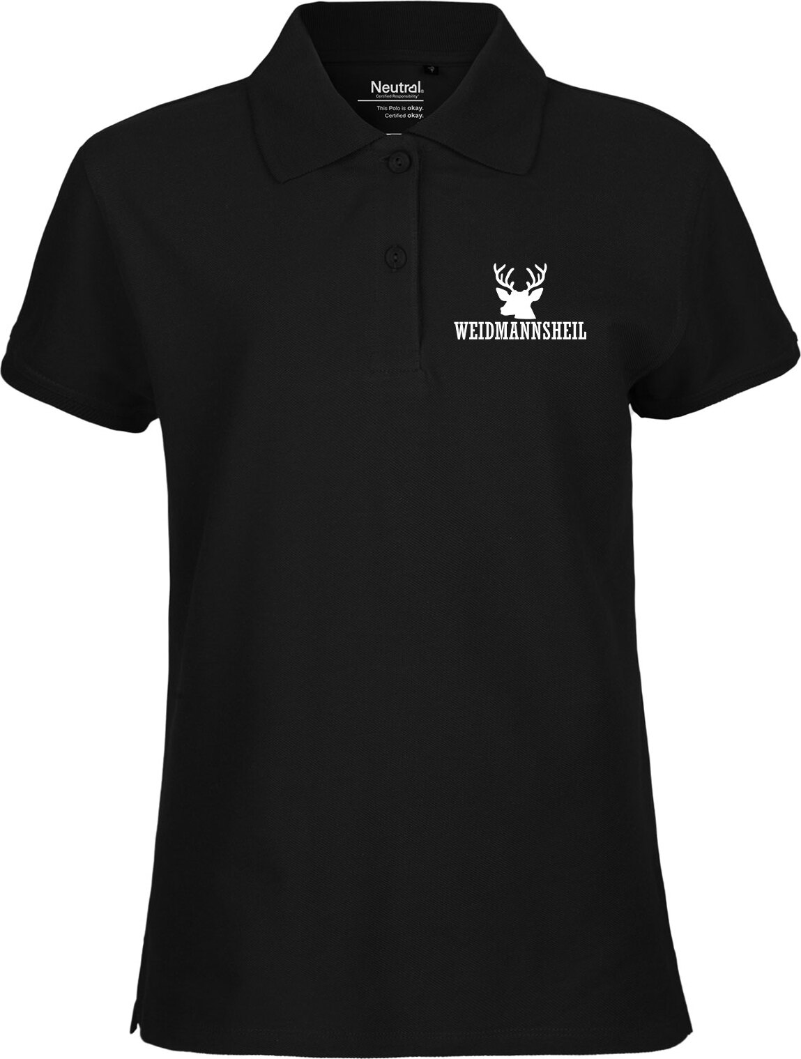 Hellweg Druckerei Huuraa Damen Polo Shirt Weidmannsheil Hirsch Jägergruß Geschenk Größe XS Black Bio Baumwolle Fairtrade Weidmannsheil Hirsch Mode 3299DP-XS-BLA
