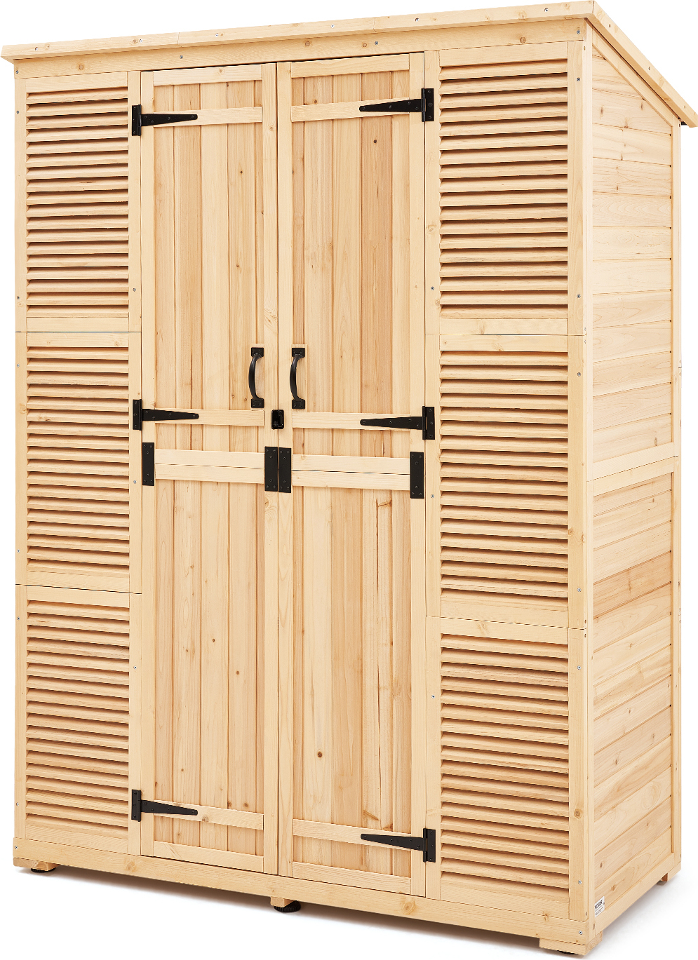 SucceBuy vonkajší skladovací prístrešok, nadrozmerná drevená skrinka s vodotesnou strechou a kovovým rámom, dvojité uzamykateľné dvere, police a základňa na záhradné náradie, 58x78 palcov, robustné a priestranné