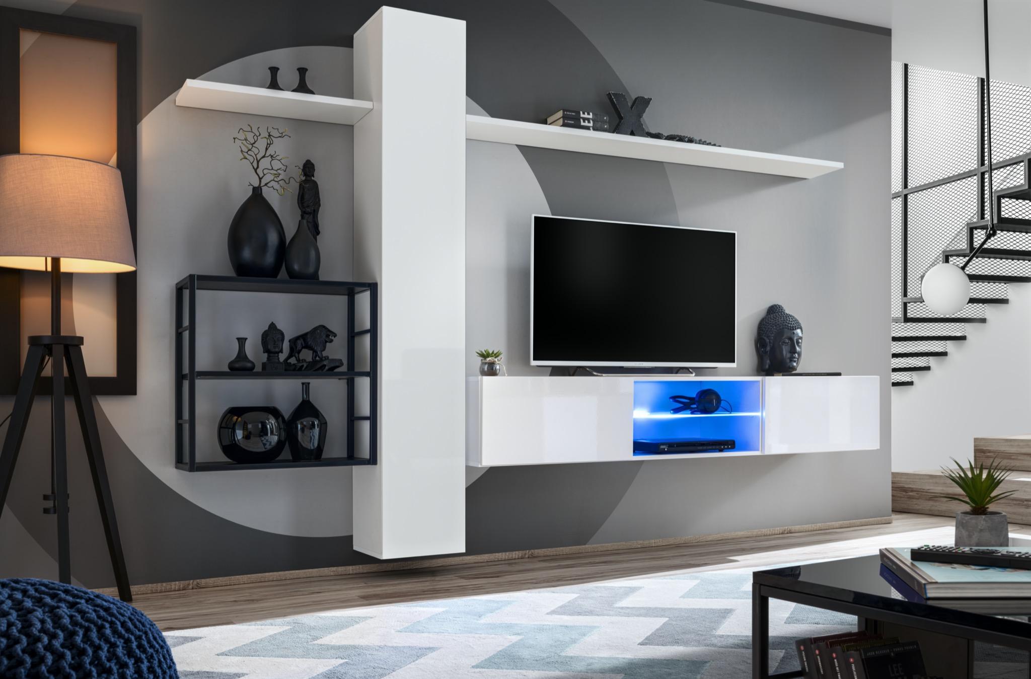 AEA Wohnwand Möbel Einrichtung 270 cm Wandschrank Weiß Wand Regale Einrichtung