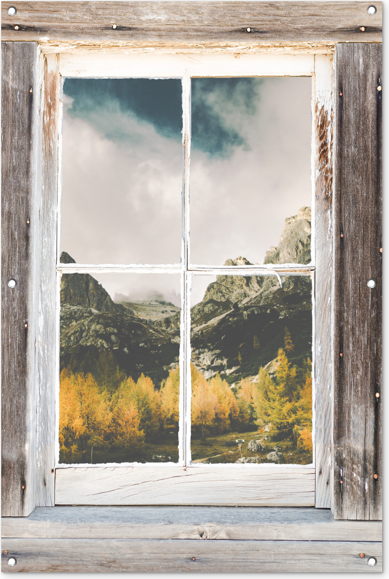 MuchoWow® 80x120 cm Outdoor-Poster Gartendeko Sichtschutz Garten Poster für den Garten Durchschaubar - Holz - Berge 133|455062056