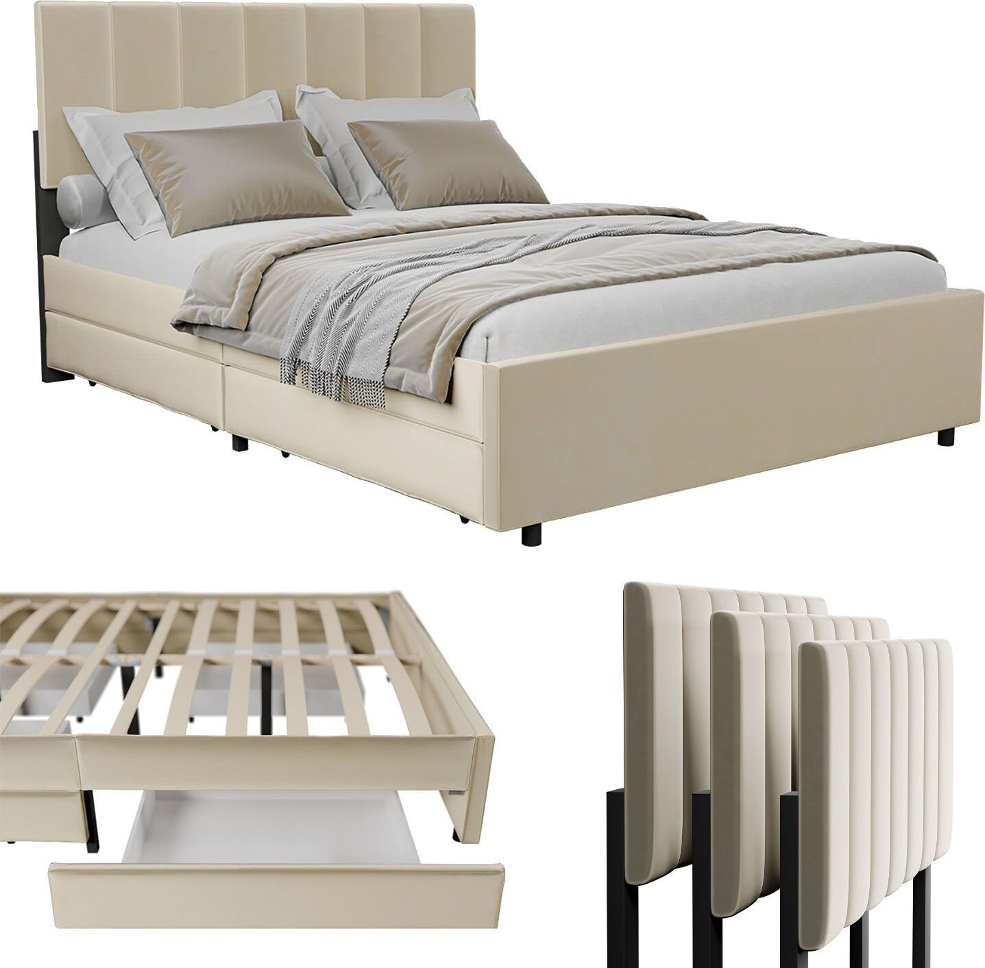 Juskys Samt Polsterbett Soria 140x200 cm mit Lattenrost & Schubladen - Bett Beige 29050