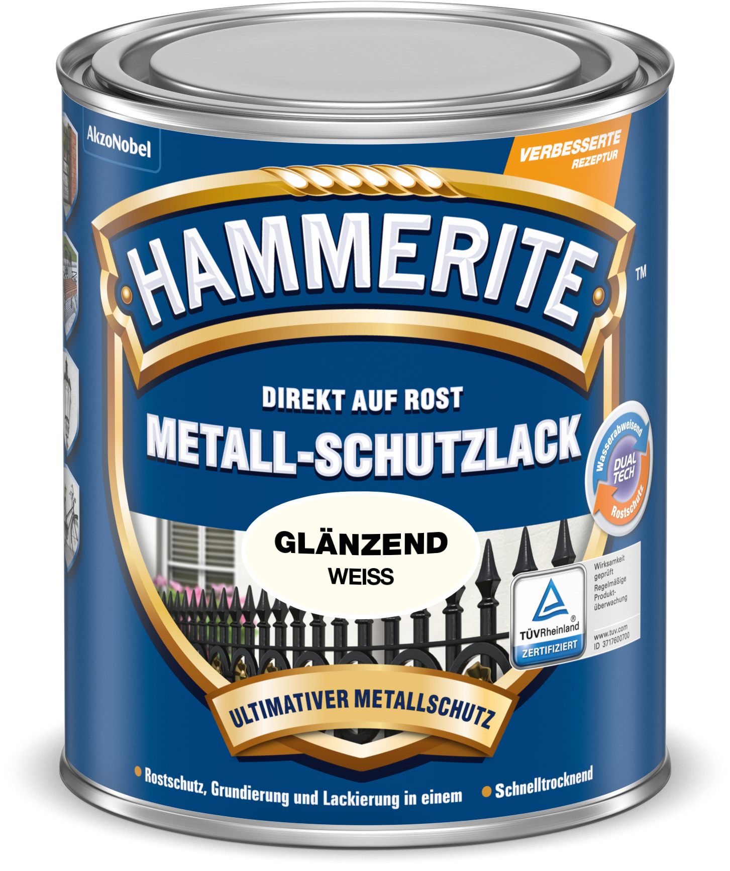 Akzo Nobel Hammerite Metallschutzlack Glänzend, 3in1 Metallschutzlack für Metall, Weiß, 750 ml 5087597