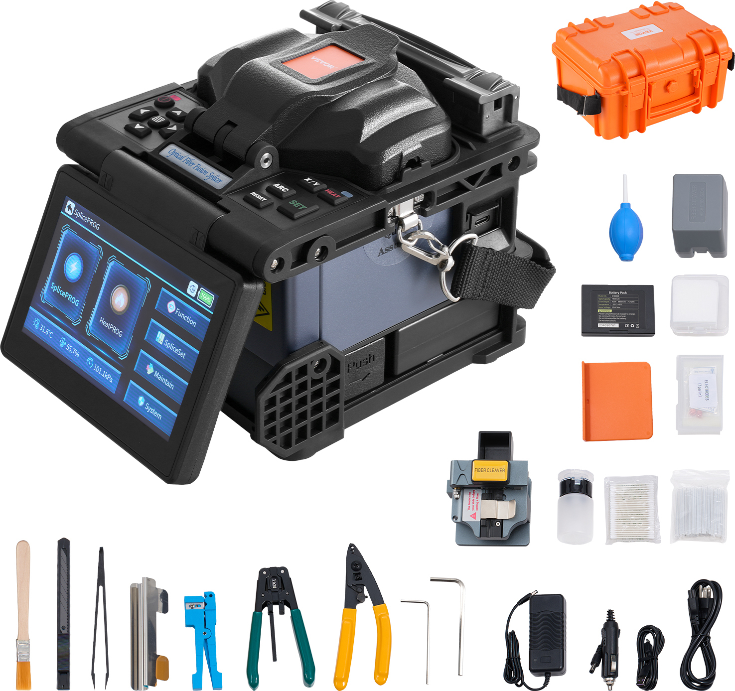 VEVOR Glasfaser-Spleißgerät mit 6 Motoren, Kernausrichtung, 6 s Spleißen & 13 s Aufheizen, Glasfaser-Spleißgerät mit 5-Zoll-LCD-Bildschirm, 3-in-1-Faserhalter ALK-T7