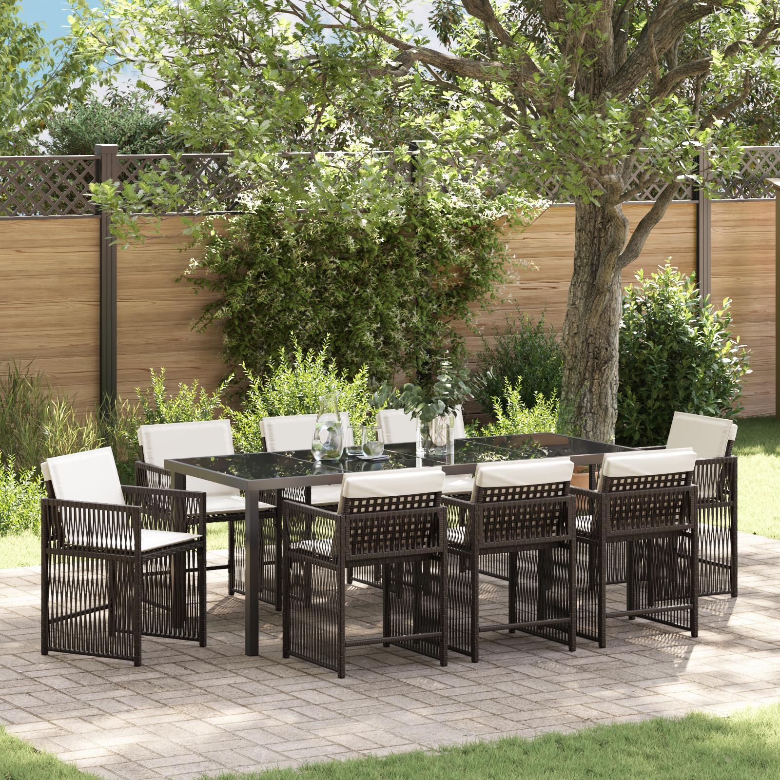 vidaXL 9-teiliges Garten Essbereich mit Kissen Braun Poly Rattan, Design Gartenstühle Neu XM0000399997