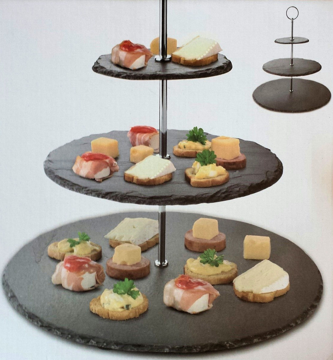 Schiefer Etagere 3-stöckig Servierplatte Buffet Platte Käseplatte Cupcake