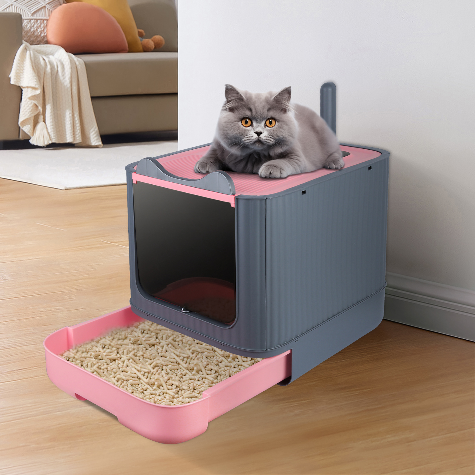 DazHom Katzenklo mit Katzenklomatte und Schaufel, XXL Katzentoilette Für Katzen bis 15kg,Katzenklo mit ausziehbares Tablett,Katzenklo Geschlossen 45x37x35cm 584146