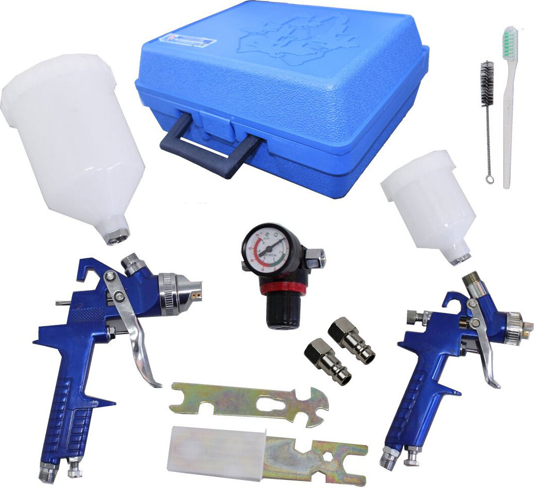 baumarktplus 2x HVLP Spraypistole Lackierpistole Set Druckminderer Koffer Spritzpistole diverse