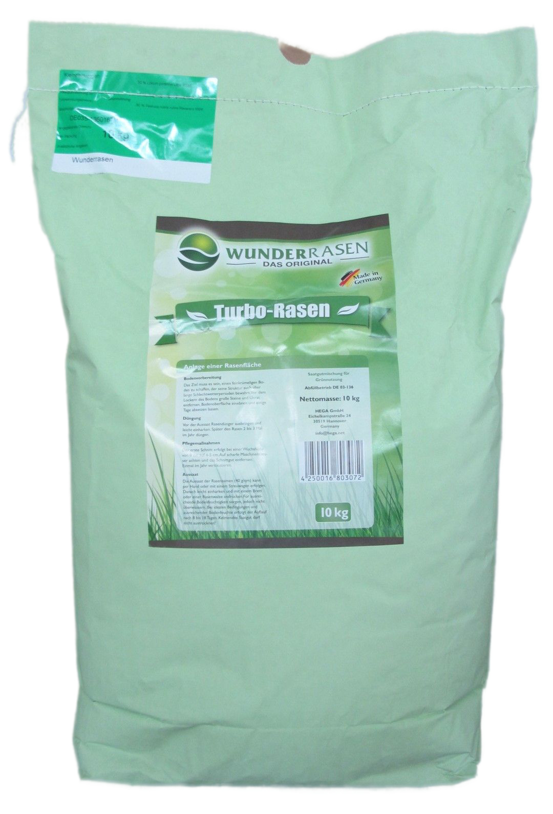 Rasen Wunderrasen 1 x 10 kg HEGA Wunderrasen, TURBO - Rasen - Das Original, Rasensamen, Grassamen, Turborasen, extrem schnelle Keimung 20884