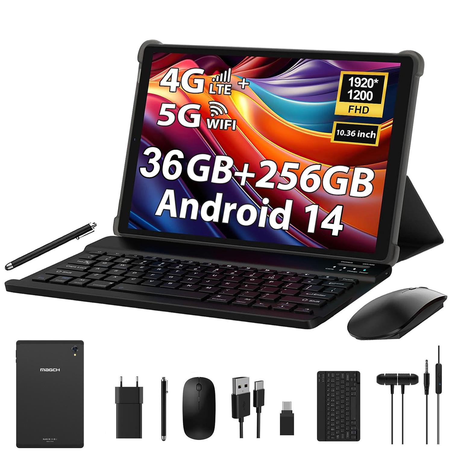 Tablet 10.36 Zoll mit Tastatur und Maus MAGCH, 36GB+256GB(1TB TF), Octa-Core, Android 14.0, 1920*1200, 4G LTE/SIM/5G WIFI, 8000mAh, 13MP+8MP, Schwarz X608