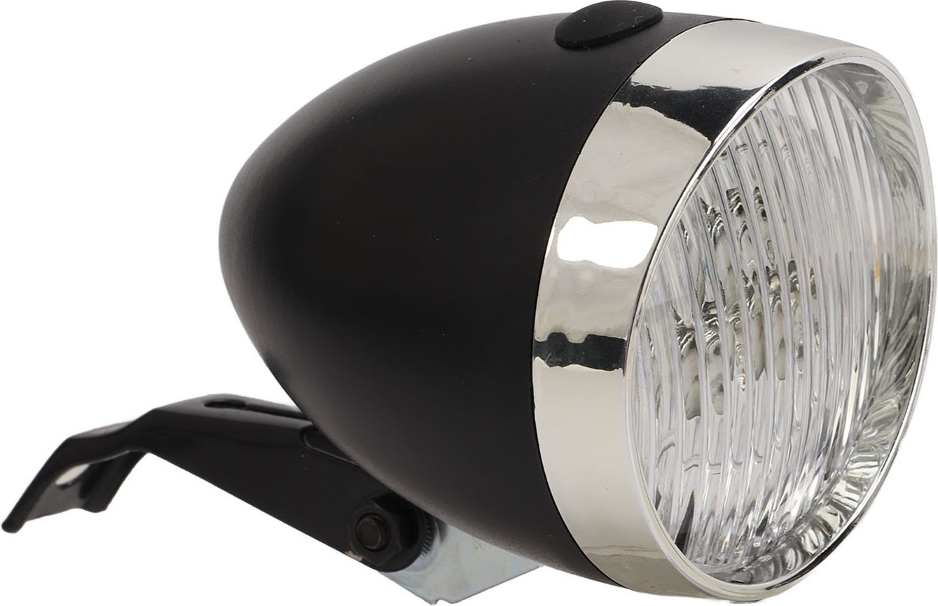 Phare Vélo Rétro LED – Style Classique, Coque Métal, Angle 160°, Blanc – Fonctionne Avec 3 Piles AAA – Installation Sur Fourche – Argent Ou Noir – Pour Vélo Vintage Et Sécurité Nocturne