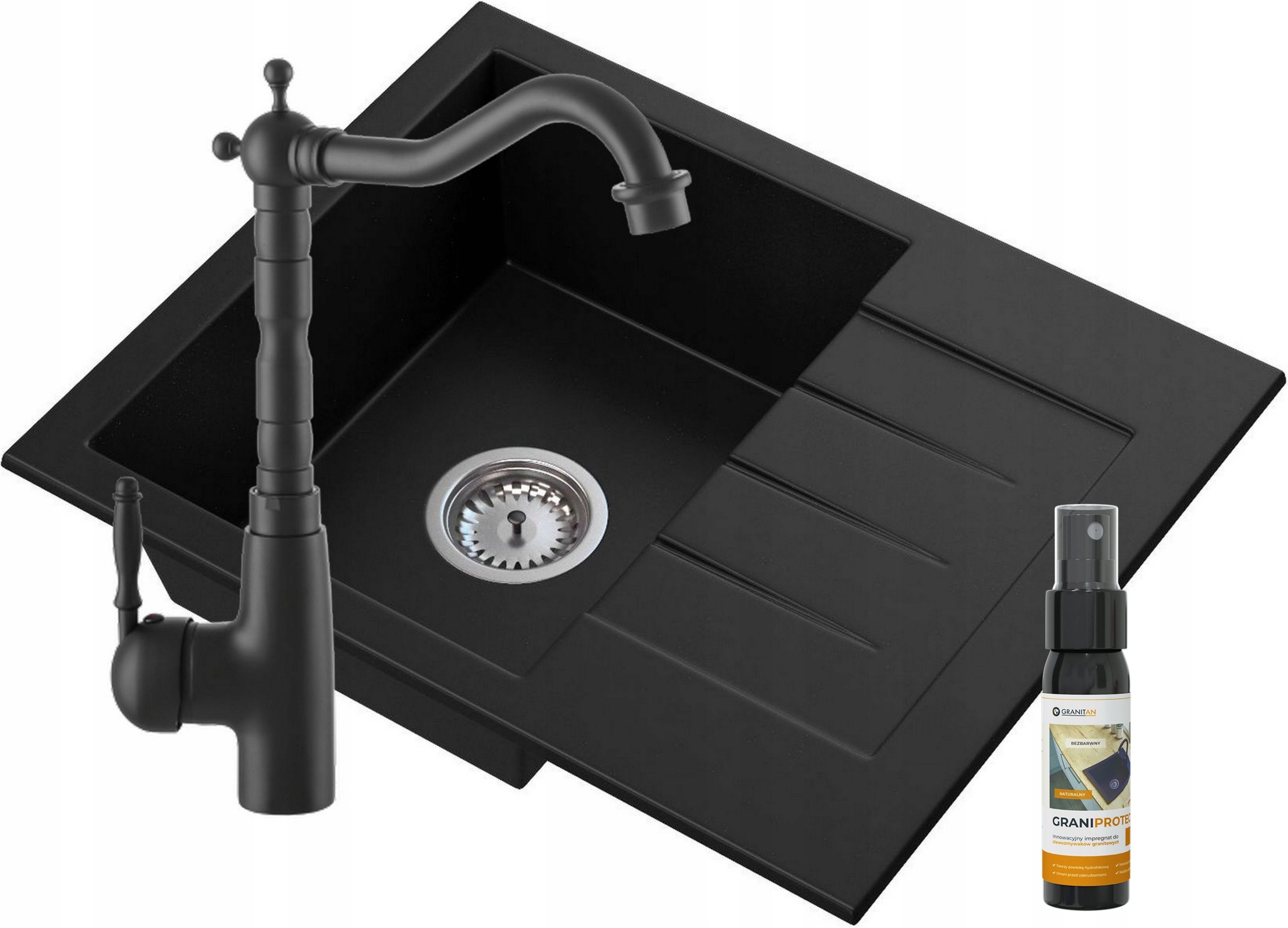 Granitar Granitan | Retro Küchenarmatur + Granit Spüle + Schwarz - Hochwertig - Mit Syfon und Pflegeprodukt MILANO