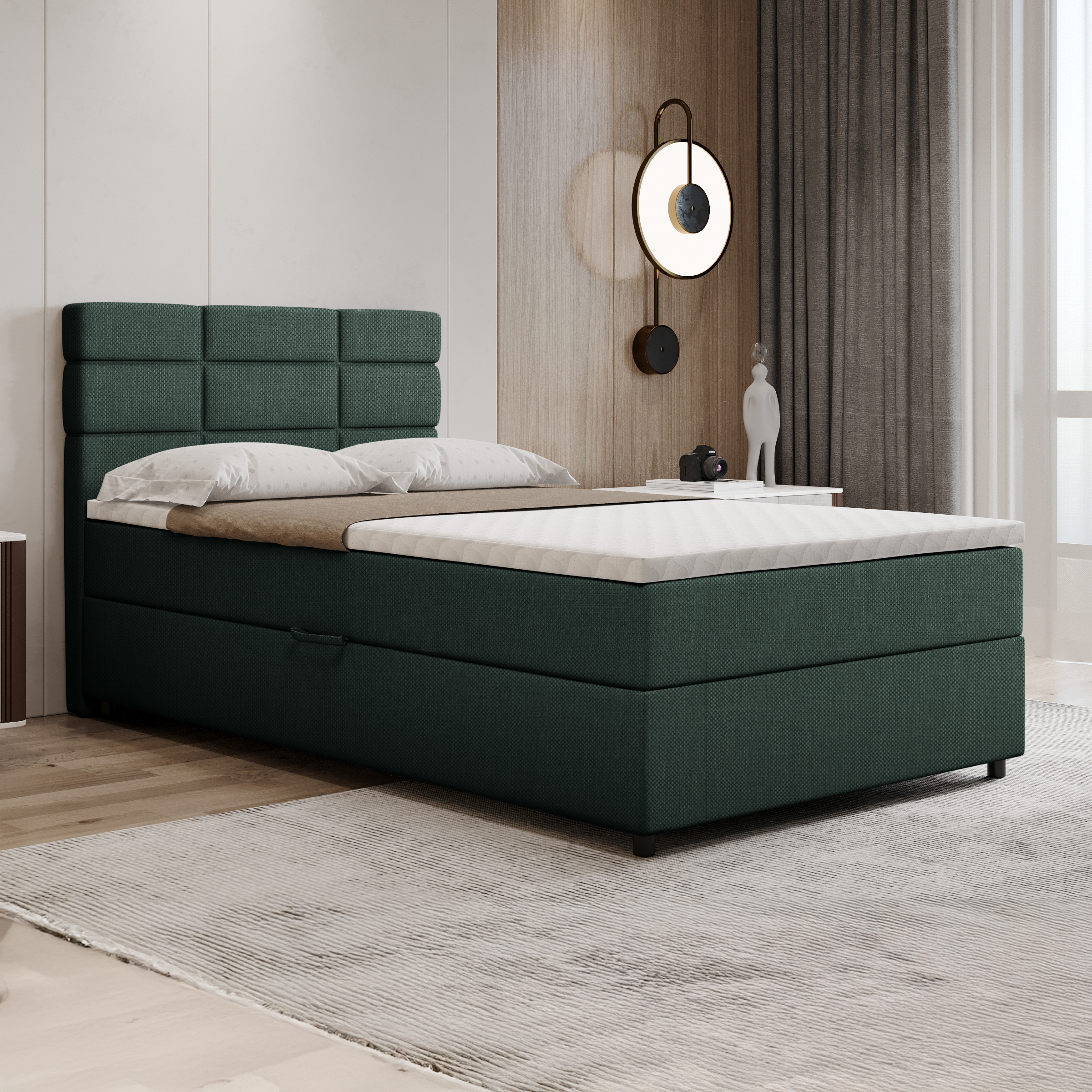 Boxspringbett 120x200, mit Bettkasten, Grün, Matratze und Topper, Einzelbett, REVE, Panda Möbel