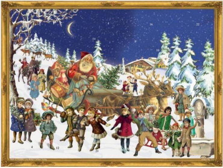 Adventný kalendár vo veľkom formáte s motívom vianočných sánok