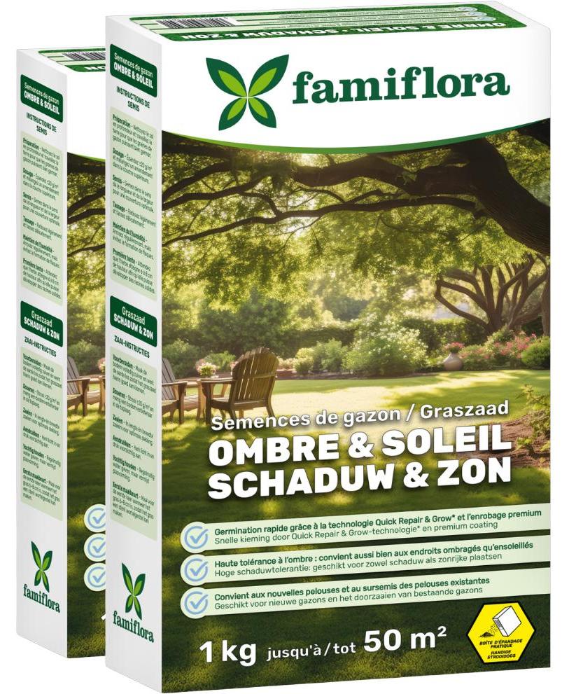 Famiflora Grassamen 2kg bis zu 100m² (2 x 1KG) - Schatten & Sonne - ideal für einen Schattenrasen - Gut für einen Rasen bis zu 50m² - Hohe Schattentoleranz - Für einen vollen & gleichmäßigen Rasen