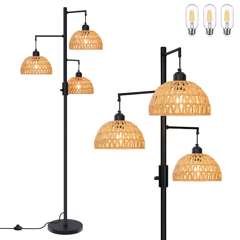 Rosikey 1.8M Stehlampe Dimmbar LED Stehlampe Wohnzimmer Schlafzimmer Büro Boho Rattan Gewebter Stehleuchte Groß Standing Lamp mit Lampenschirm, Schwarz