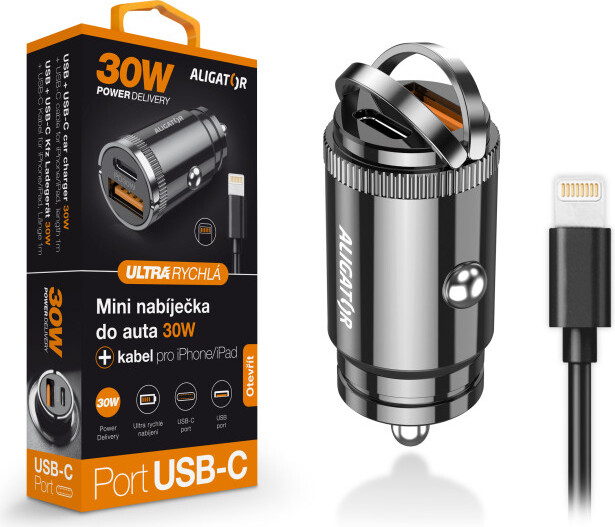 Aligator mini nabíjačka do auta Power Delivery 30W, USB-C + USB-A, USB-C kábel pre iPhone / iPad