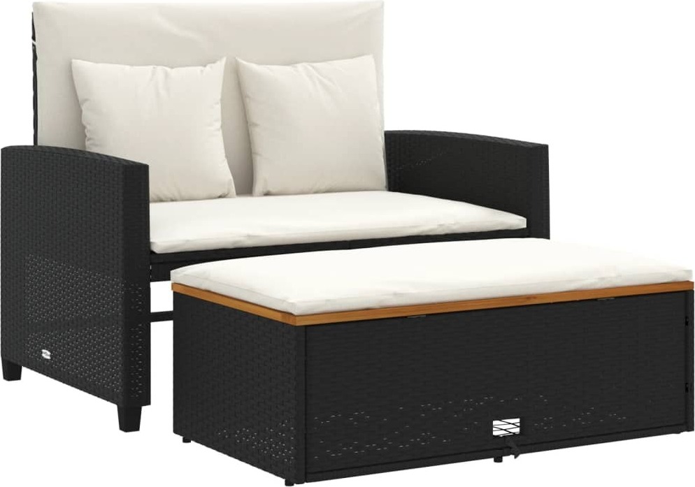 Gartensofa mit Kissen 2-Sitzer Schwarz Poly Rattan&Akazienholz