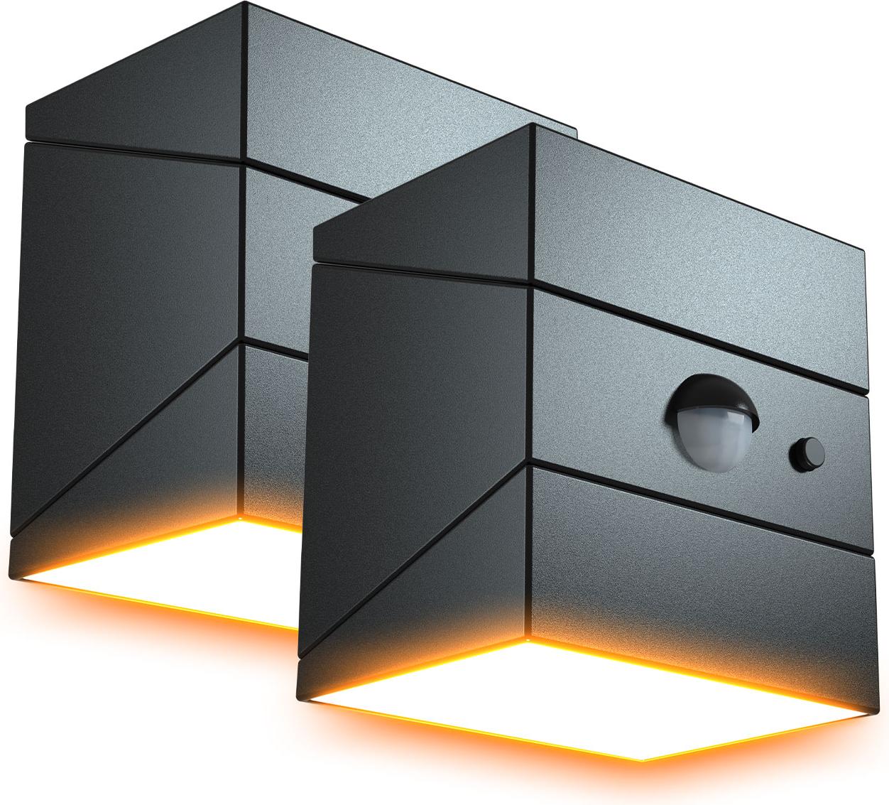 FlinQ Group BV FlinQ Solar TwistCube 2er-Pack – In 4 Formen transformierbar – Solar-Wandleuchte für außen – Außenleuchte mit Bewegungsmelder & LED-Gartenbeleuchtung mit Tag-/Nachtsensor