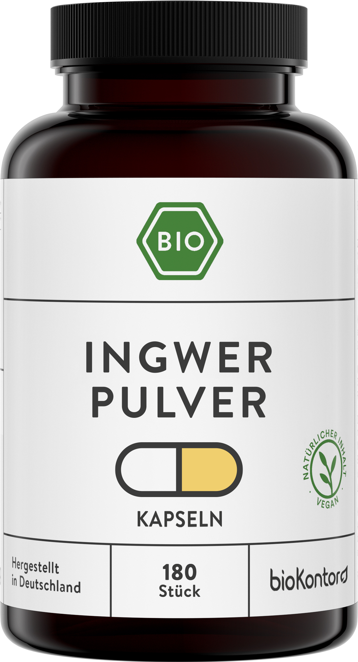 Ingwer Kapseln | 180 Kapseln | Ingwerpulver vegan und ohne Zusätze | in Deutschland hergestellt und labor | bioKontor 61120