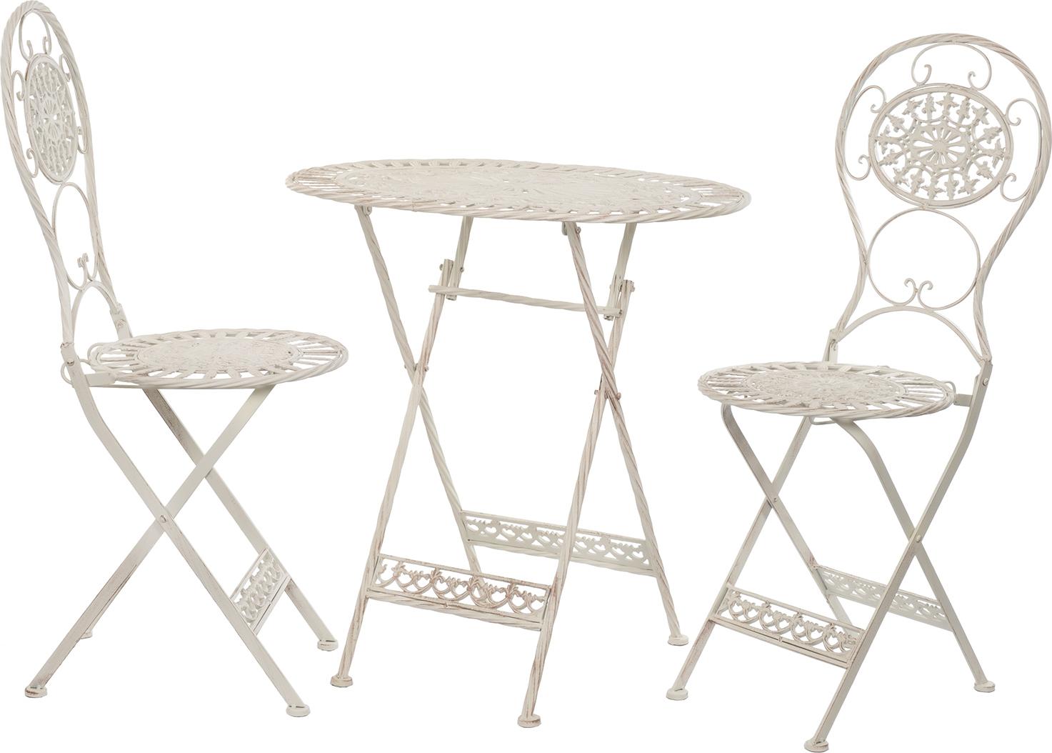 Moritz bistro set oválny stôl + 2 stoličky biely starožitný liatinový záhradný dekoračný set bistro stôl bistro stoličky 3-dielna sedacia skupina balkónový nábytok