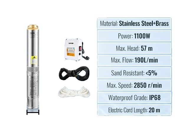Ponorné vodné čerpadlo, výkon 1100 W, prietok 190 l/min, maximálna výtlačná výška 57 m, riadiaca jednotka 1100 W