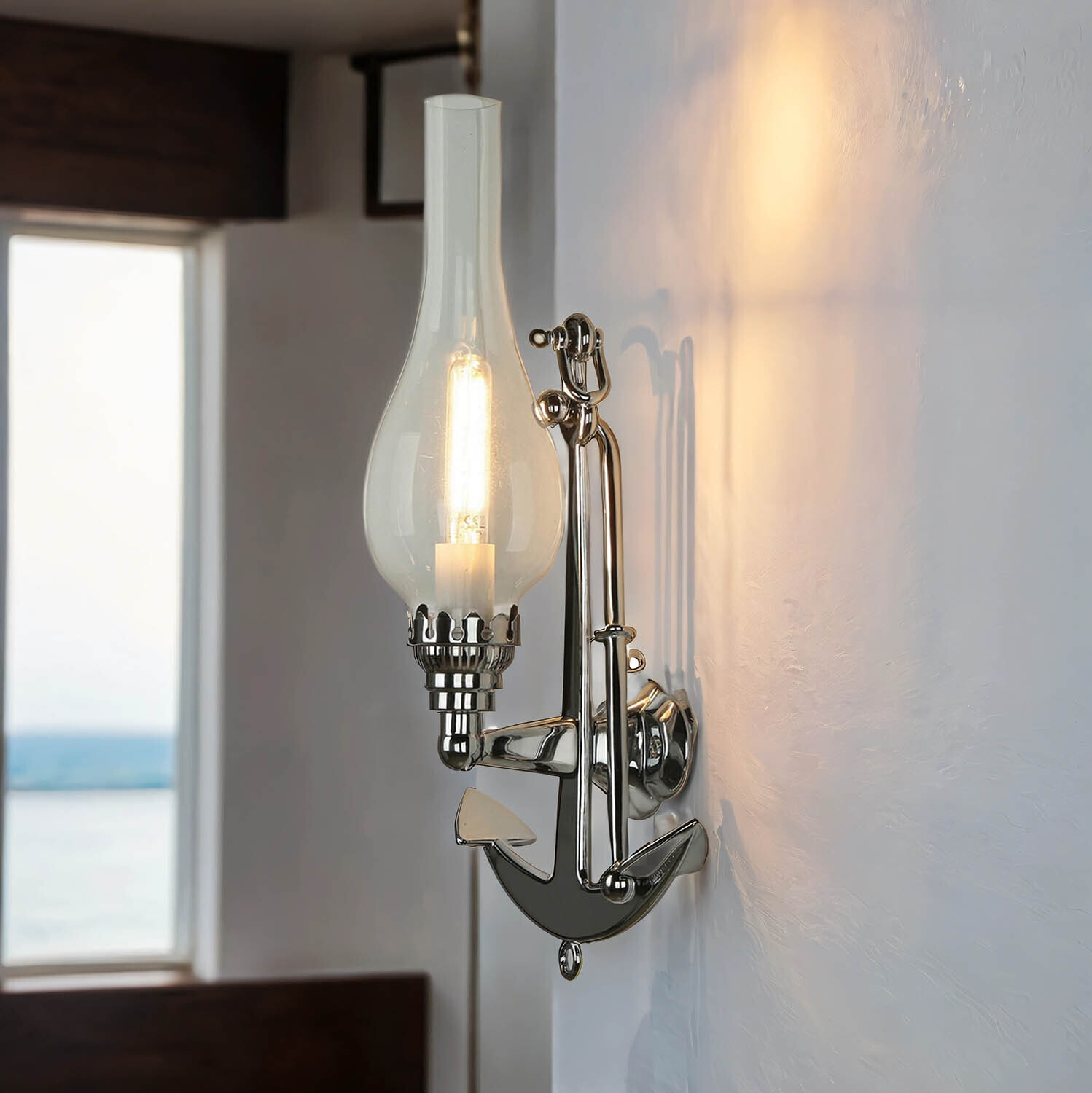 Licht-Erlebnisse Wandlampe Badezimmer Flur Messing massiv Glas Maritim Anker Sextant in Chrom H: 32 cm E14 Wandleuchte innen