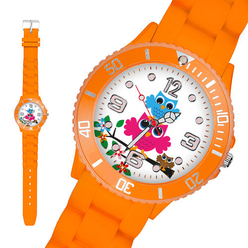 Taffstyle Kinder Armbanduhr Kinder Silikon Armbanduhr mit Eulen Motiv, Orange / 34mm