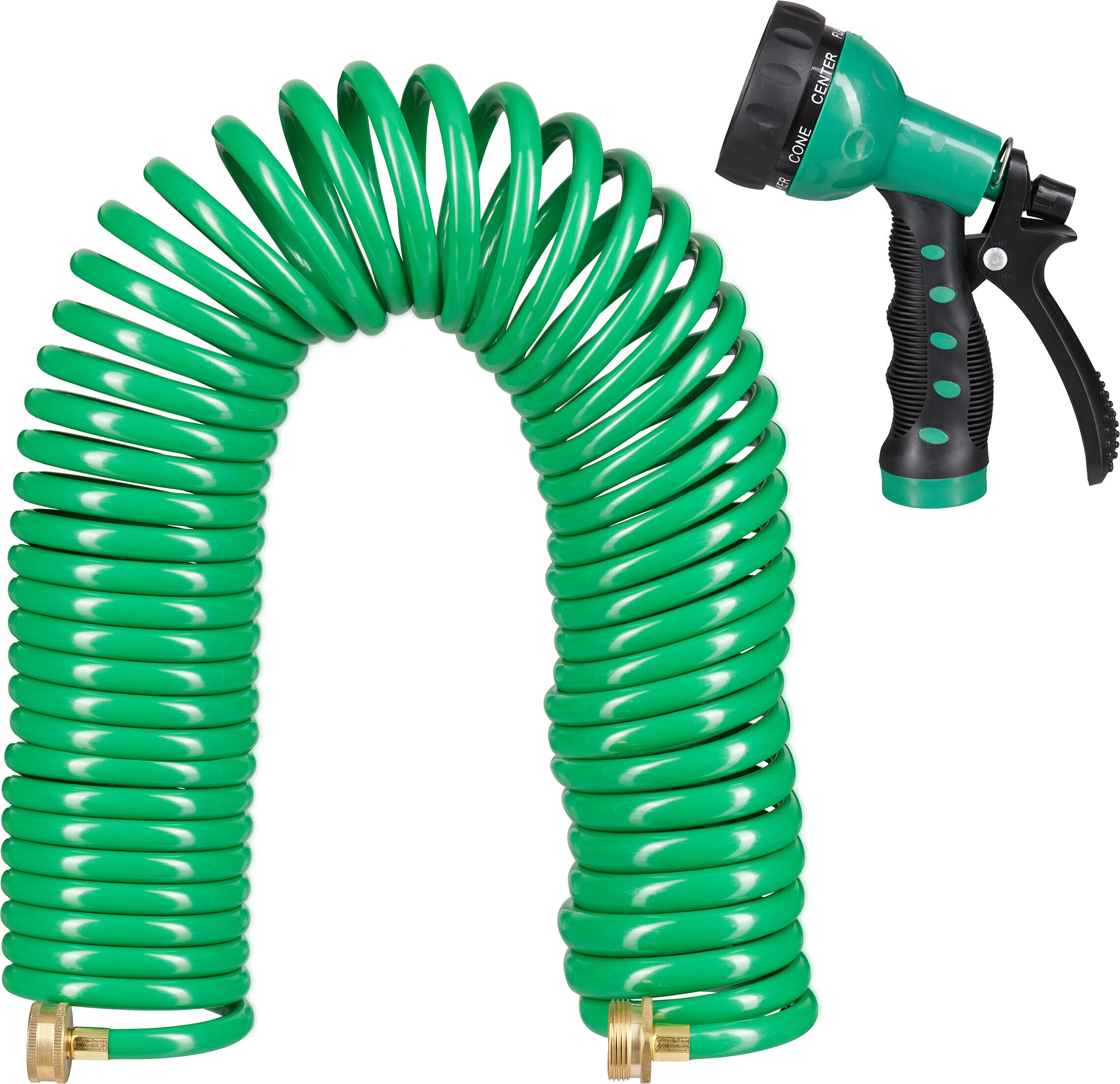 Relaxdays Spiralschlauch Wasser, bis 20 m ausziehbar, flexibler Gartenschlauch mit Wasserbrause, 7 Strahlarten, grün 10035898_0