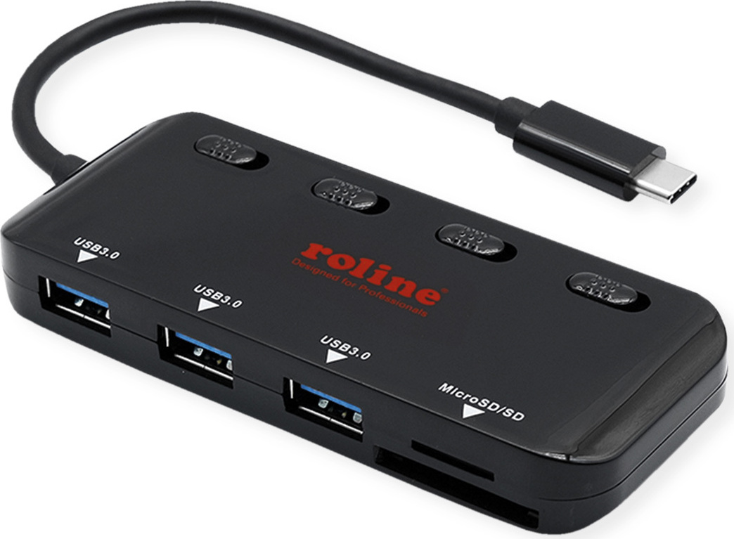 ROLINE USB 3.2 Gen 1 Hub, 3fach, Typ C Anschlusskabel, mit CardReader, Ports einzeln schaltbar 14.02.5059