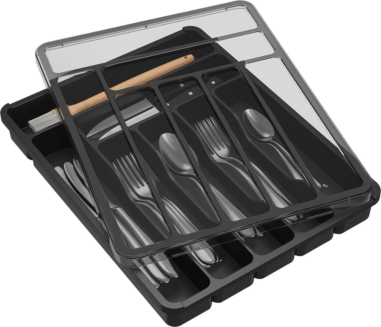 Novzep Besteckkasten mit Deckel, 32.5*30.5*5.5cm, mit 7 F?chern, Kunststoff-Schubladenorganizer, K¹chenbesteckkorb f¹r Backmesser, Gabeln und L?ffel, Schwarz KAUF-ALRI-KF2560-018