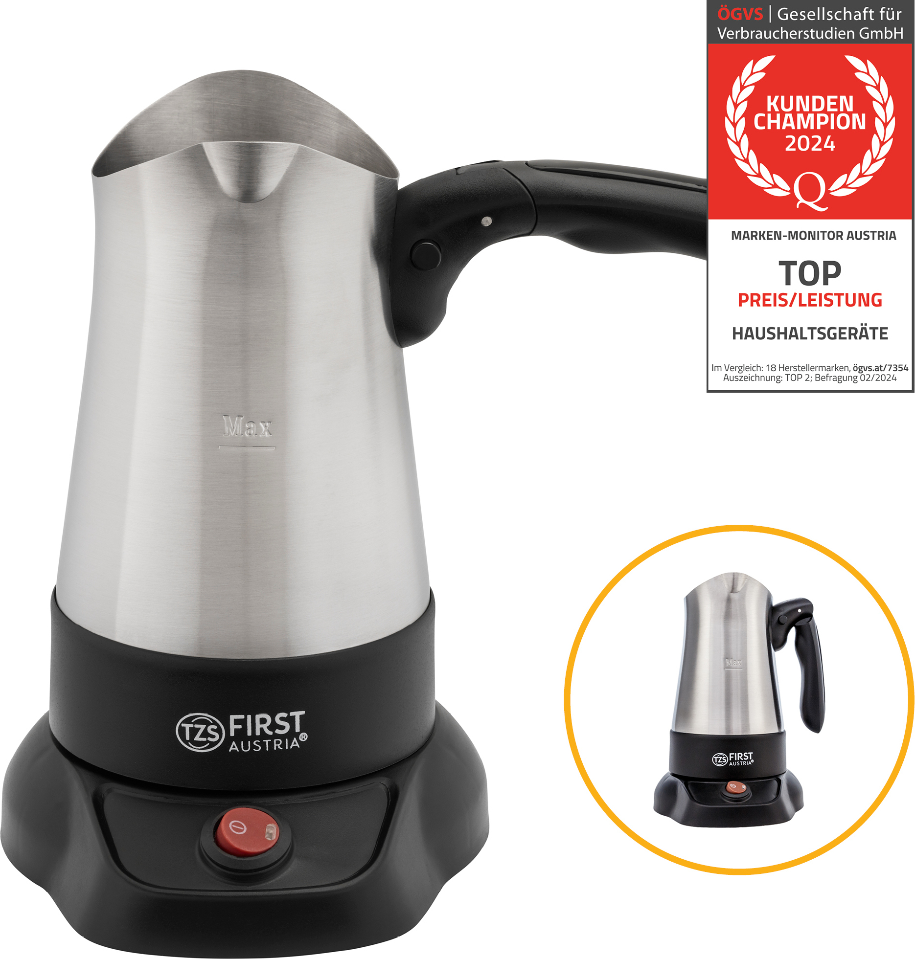 TZS First Austria Türkischer Kaffeekocher, 350ml, 800W, Espressokocher, Mokkakocher, Edelstahl, Elektrisch Kaffeekocher, türkische Kaffeemaschine, mit klappbarem Handgriff, Schwarz