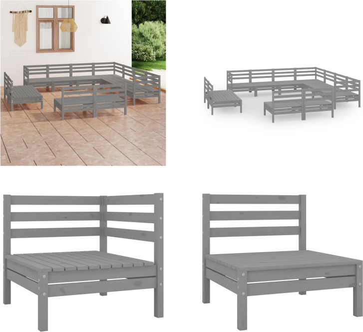 vidaXL 11-dielna záhradná obývacia súprava z masívneho dreva borovica sivá - záhradná obývacia súprava - vonkajšia obývacia súprava - drevená pohovka - drevená záhradná pohovka