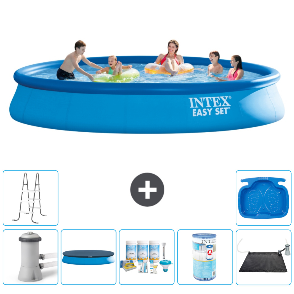 Intex okrúhly nafukovací bazén Easy Set - 457 x 84 cm - modrý - vrátane krytu čerpadla - balík na údržbu - filter - solárna podložka - rebrík - vaňa pre nohy