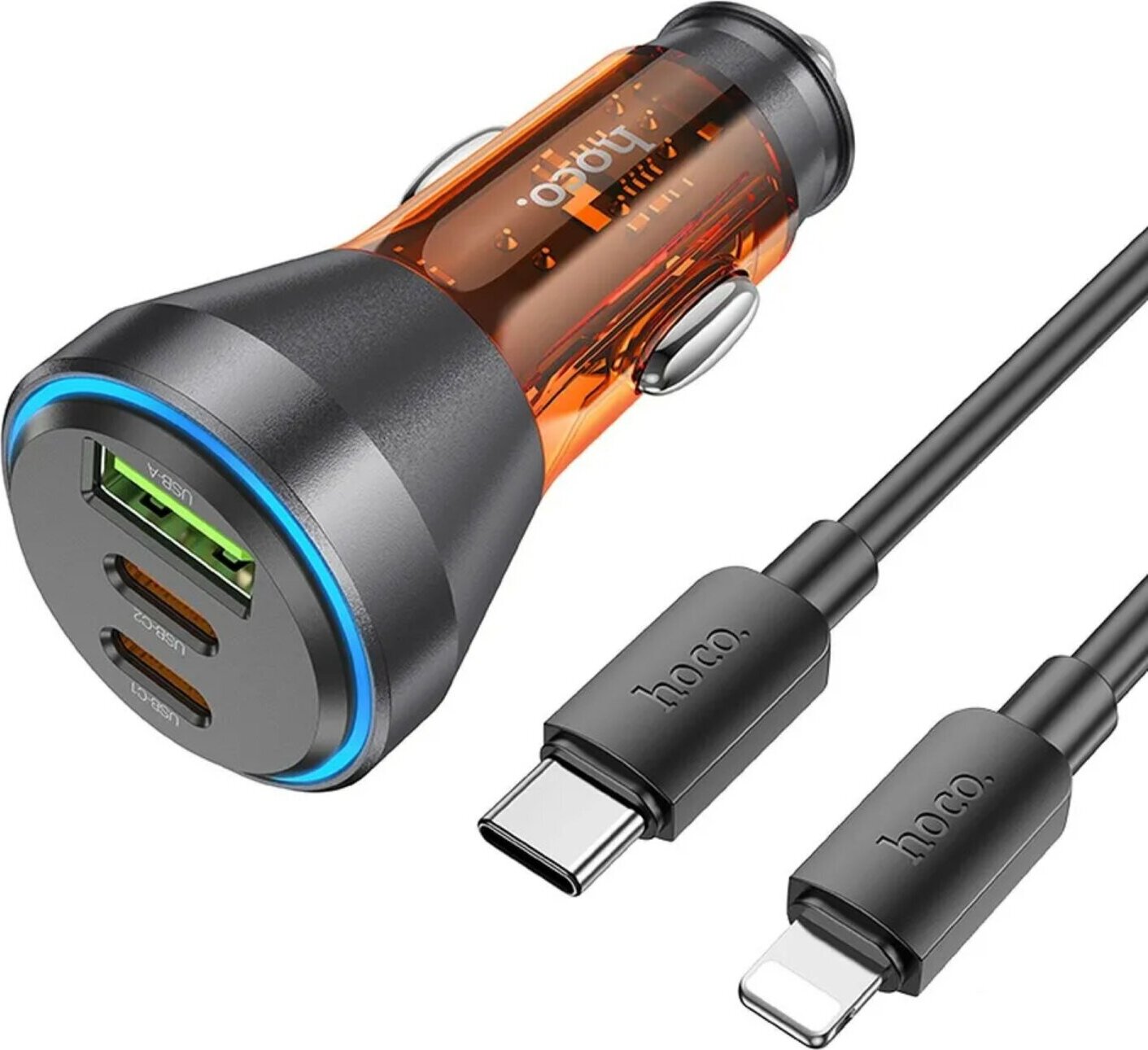 HOCO nabíjačka do auta USB QC 18W + 2 x typ C 30W + kábel typu C kompatibilný s iPhone PD60W NZ12D oranžová