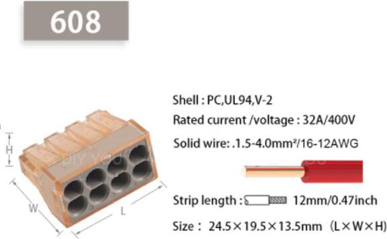 Funduino 20 Stk. Verbindungsklemme 32A/400V, 16-12AWG (1,5-4mm²) - PCT602-608 : achtfach Ausführung: achtfach