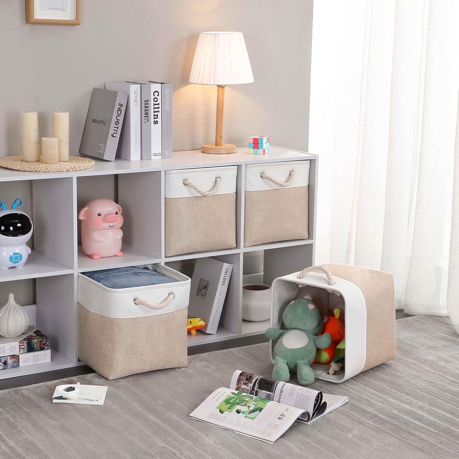 Markenlos Faltbare Stoffe Aufbewahrungskörbe 33x38x33 cm - Große Aufbewahrungsboxen für Kleiderschrank Kinderzimmer - Beige/Weiß Set von 3