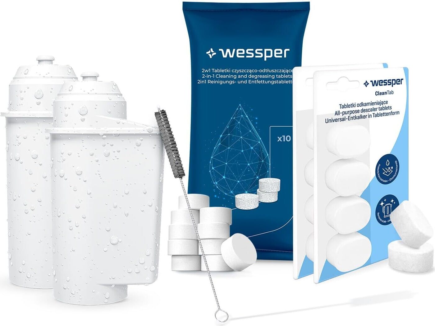 Wessper Pflege-Set für Siemens EQ.series & Bosch – 2x AquaIntense Filter TZ70003, Reinigungstabletten, Entkalker, Bürsten-Set EQSeries_WESSPER
