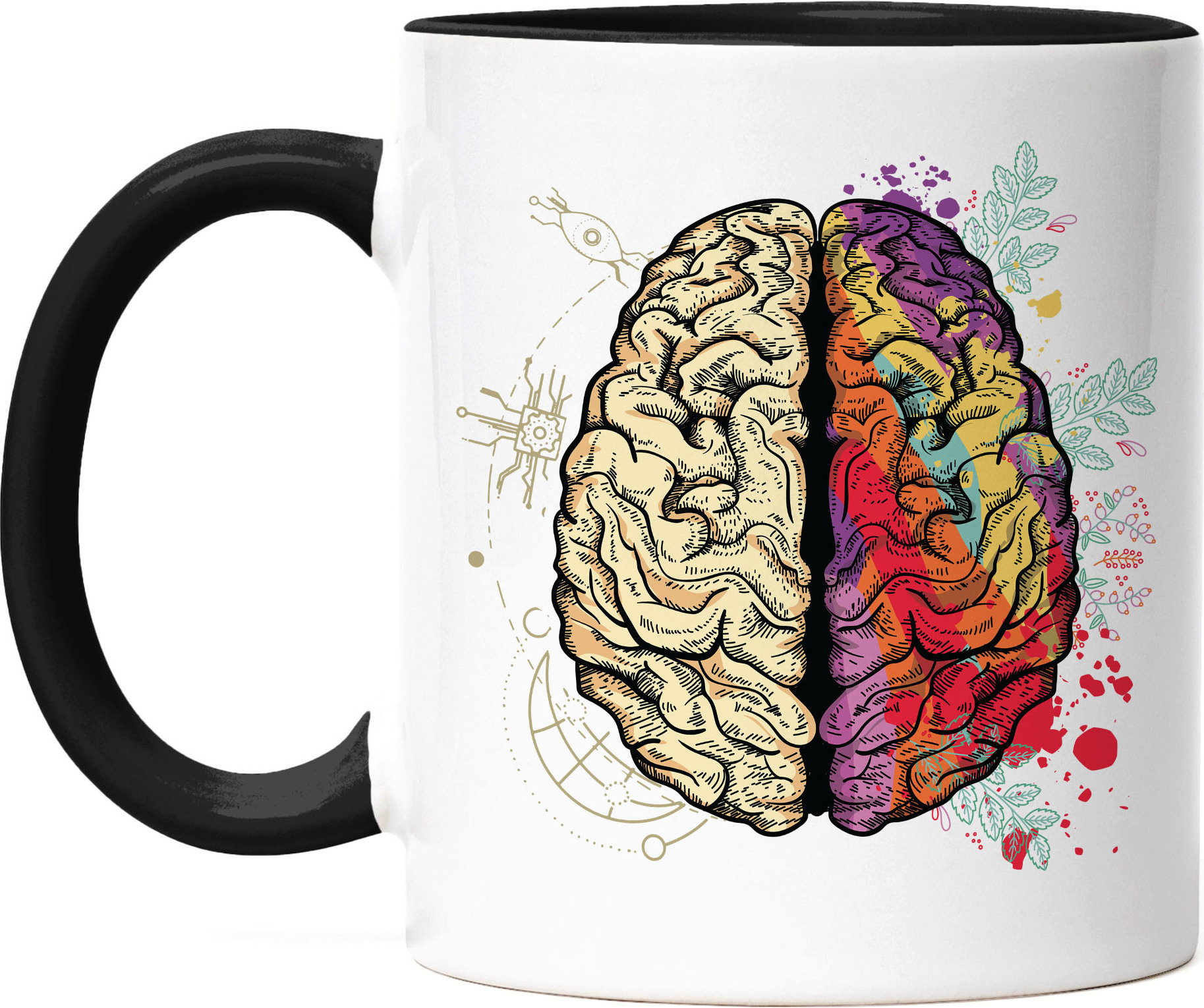 Hey!Print Gehirn Tasse Schwarz Nervensystem Rechte Linke Gehirnhälfte Gedächtnis Hirn Nerven Gehirnzellen Logik Verstand HP-1884-T-Schwarz
