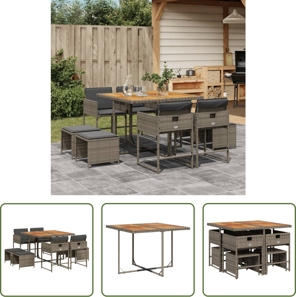 The Living Store 9-dielny záhradný jedálenský set s vankúšmi sivý polyratan