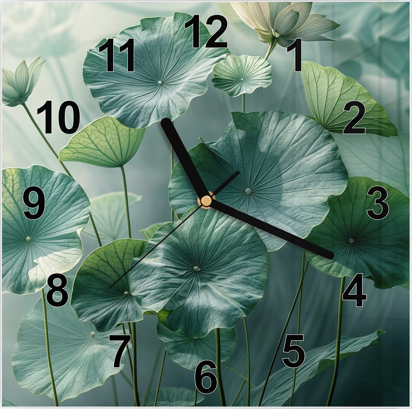 Primedeco Wanduhr aus Glas mit Motiv Lotusblätter Grün- 30 x 30 cm - inkl. Aufhängesystem