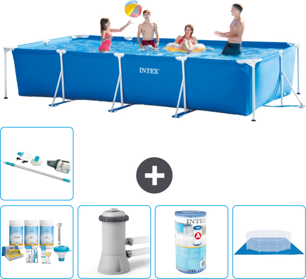 Bazén Intex s obdĺžnikovým rámom - 450 x 220 x 84 cm - modrý - súčasťou dodávky Balenie na údržbu - Filtračné čerpadlo pre bazén - Filter - Podlahová plachta - Vysávač