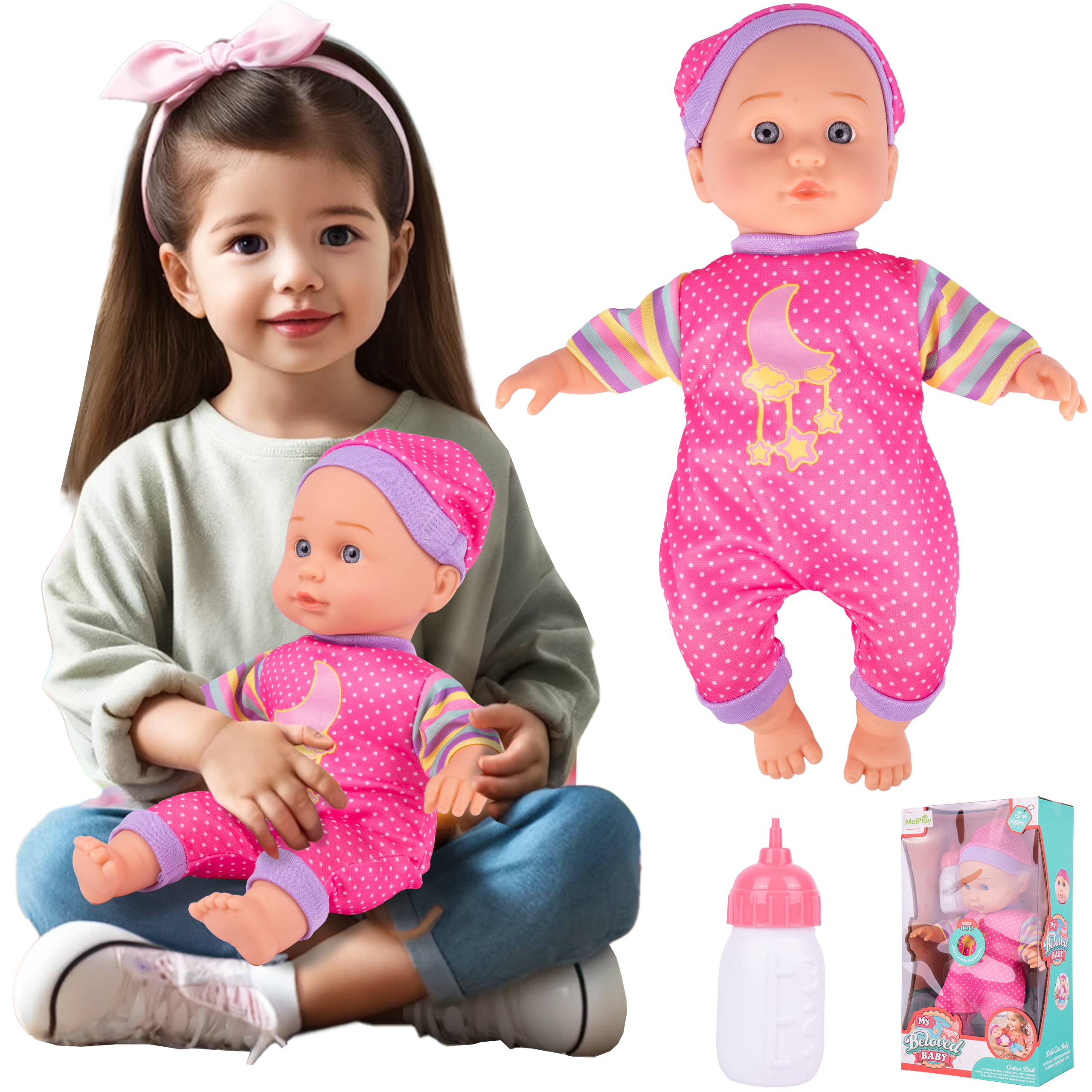 MalPlay Baby Puppe Interaktive Füttern des Babys Gespräche 34cm Rosa Babyflasche ab 3 Jahren Geschenk