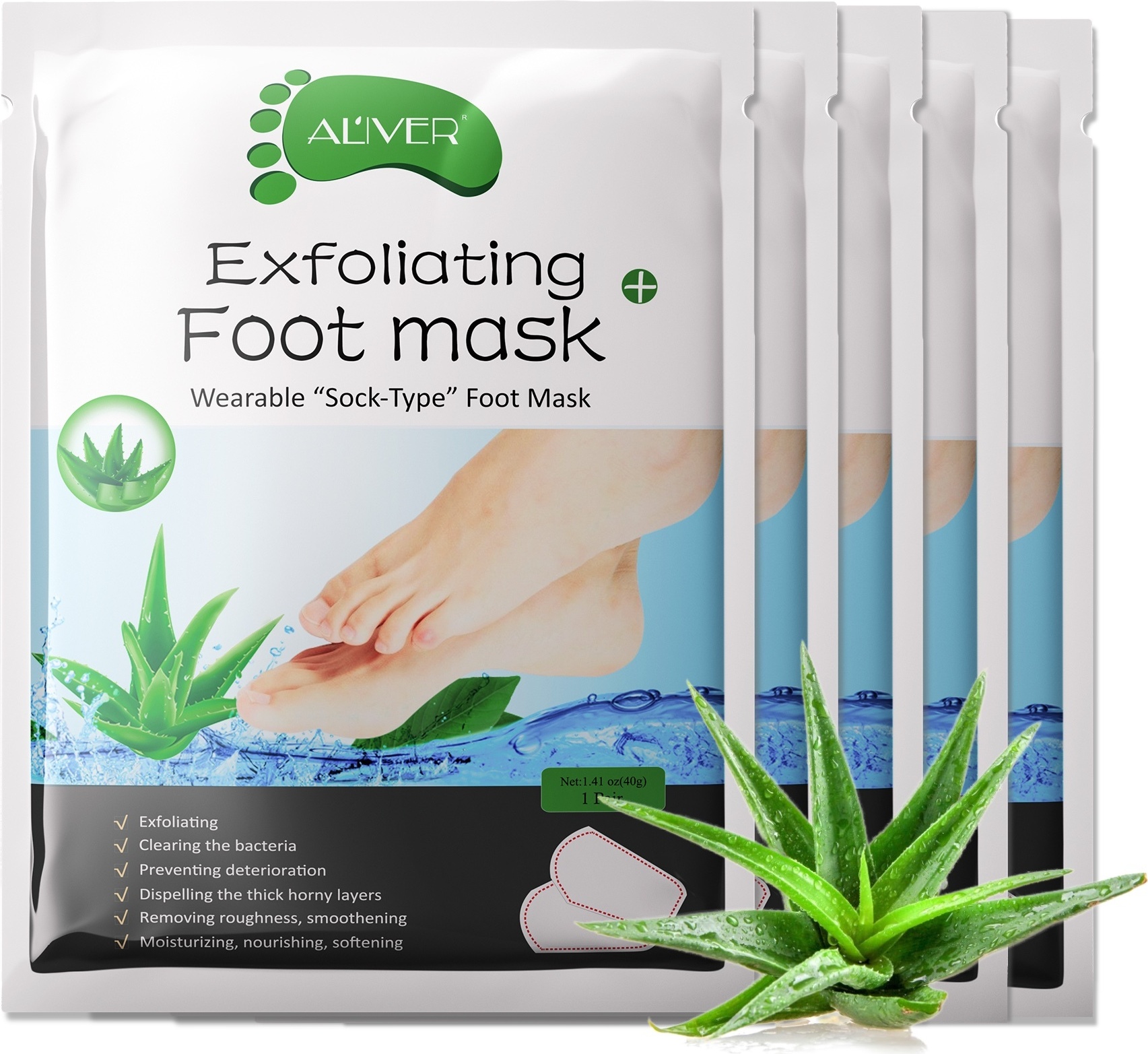 ALIVER Fußmaske Fusspeeling Fußpflege Anti Hornhaut Socken Hornhautentferner mit Aloe, 5 Paar NEW-2468