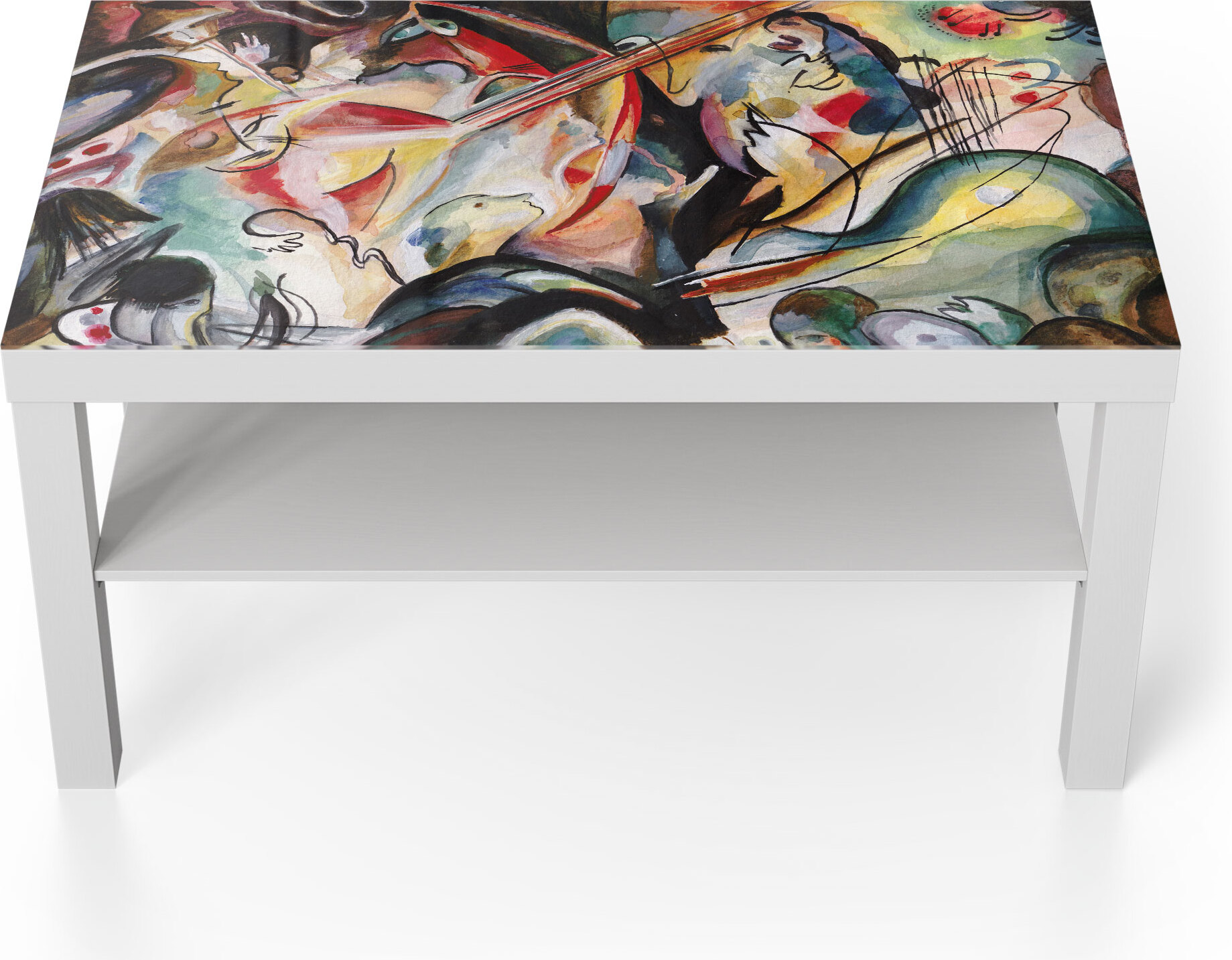 DEQORI Couchtisch 90x55 cm Weiß 'Konzert im Kadinsky-Stil' Glas Beistelltisch TL-90-55-W-1355