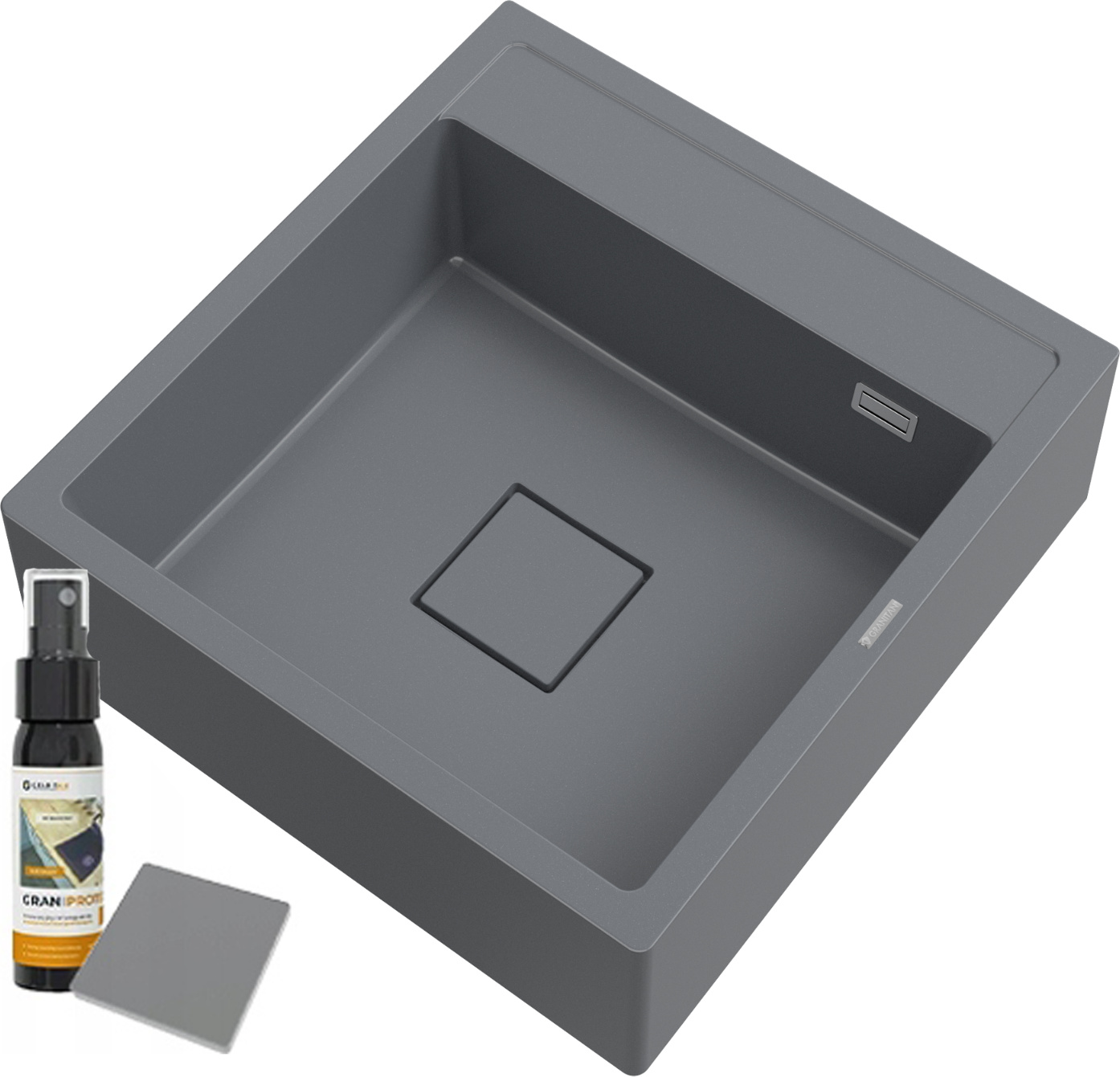 Granitan | Granitspüle - Einbecken - Grau - Skandinavisches Design - mit Chrom-Syphon und Pflegeprodukt