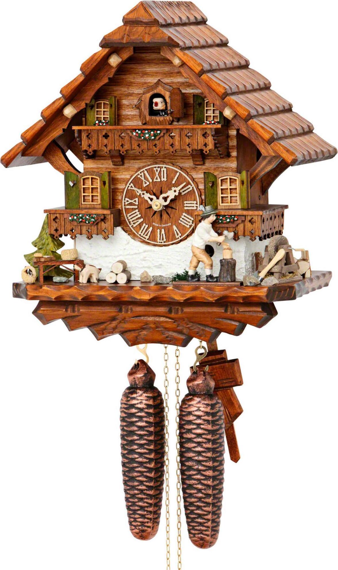 Cuco Clock Kuckucksuhr Schwarzwalduhr "Holzhacker" mit Hund 17 x 30 x 32cm Wanduhr aus Holz, 8 - Tage Werk, manuelle Nachtabschaltung 42513459047990