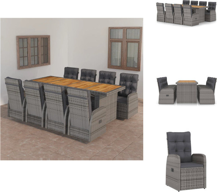 vidaXL 9-dielny záhradný jedálenský set s vankúšmi polyratan sivý - Záhradný nábytok sety