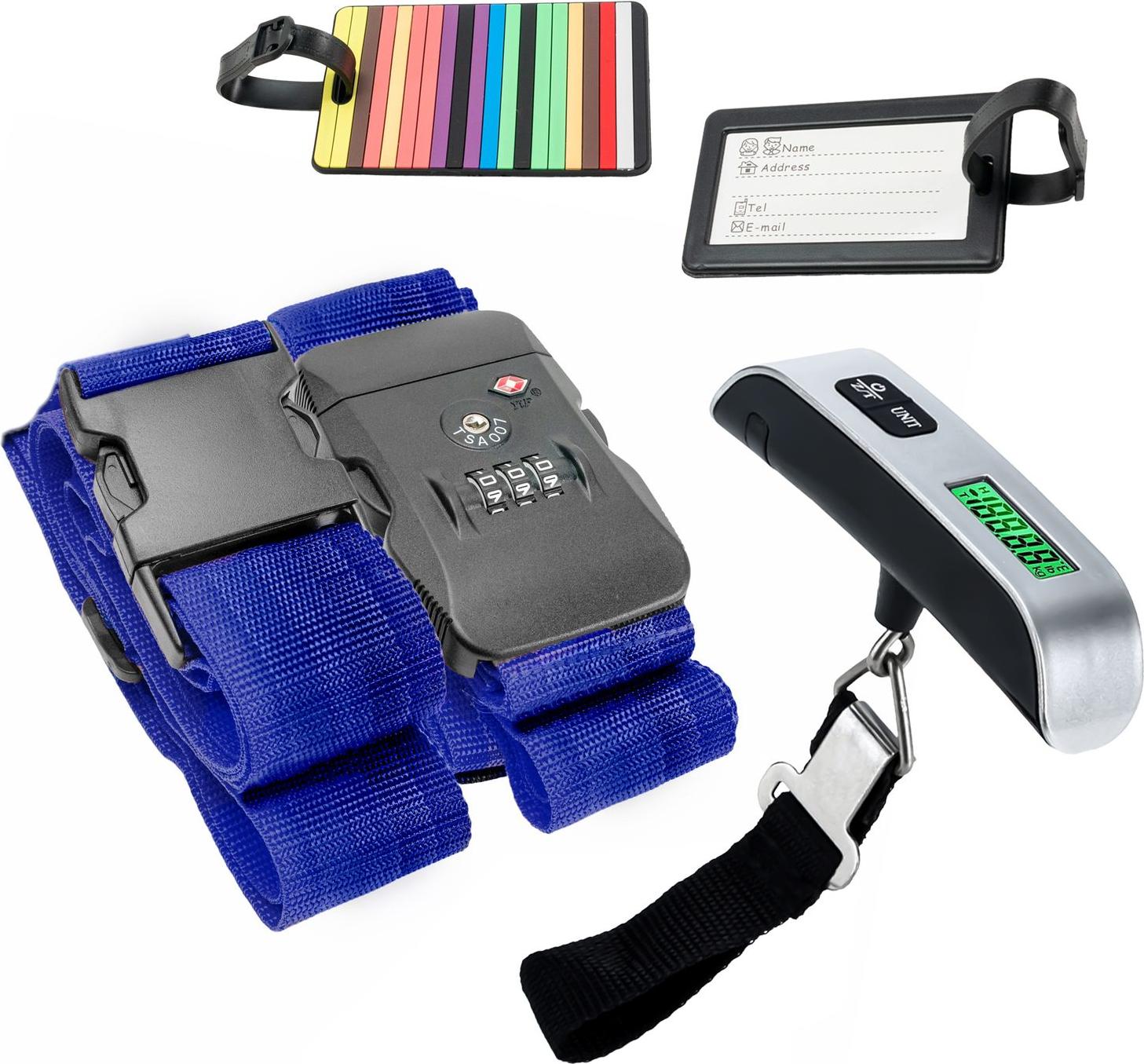 Intirilife Reiseset - Digitale Kofferwaage & Gepäckgurt mit TSA-Zahlenschloss - Gepäckwaage, Hängewaage, Gepäckkontrolle, Gepäckband, Koffergurt IL-100200-IL-100988